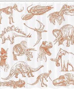 Jurassic Dinosaur Shower Curtain, Illustrations Skeleton Biology Cloth Fabric Bathroom Decor, Home Decor Orange