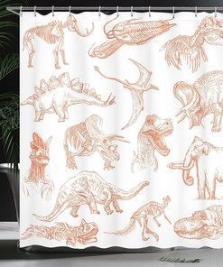 Jurassic Dinosaur Shower Curtain, Illustrations Skeleton Biology Cloth Fabric Bathroom Decor, Home Decor Orange