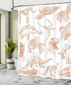 Jurassic Dinosaur Shower Curtain, Illustrations Skeleton Biology Cloth Fabric Bathroom Decor, Home Decor Orange