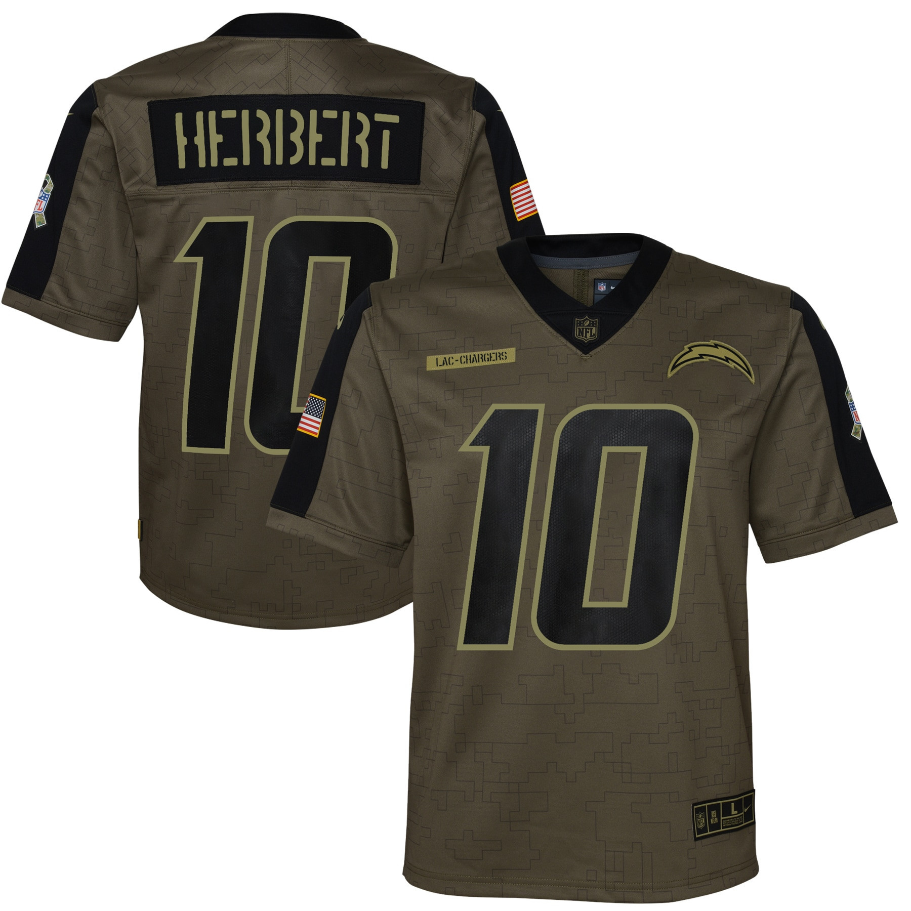 Justin Herbert Los Angeles Chargers 2021 Salute To Service Game Jersey - Olive Nfl
