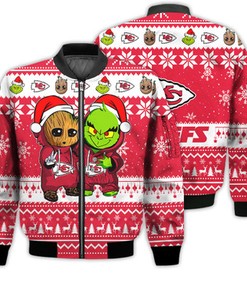 Kansas City Chiefs Baby Groot And Grinch Best Friends Football American Ugly Christmas Sweater Gifts Unisex 3D Bomber Jacket