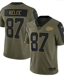 Kansas City Chiefs Travis Kelce 87 Nfl Olive 2021 Salute To Service Limited Player Men Jersey For Chiefs Fans