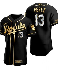 Kansas City Royals #13 Salvador Perez Mlb Golden Brandedition Black Jersey Gift For Royals Fans