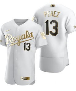 Kansas City Royals #13 Salvador Perez Mlb Golden Brandedition White Jersey Gift For Royals Fans