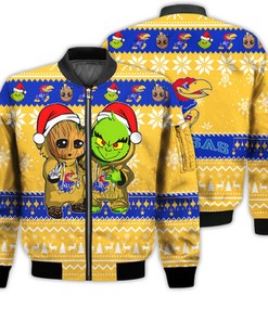 Kansas Jayhawks Baby Groot And Grinch Best Friends Football American Ugly Christmas Sweater Gifts Unisex 3D Bomber Jacket