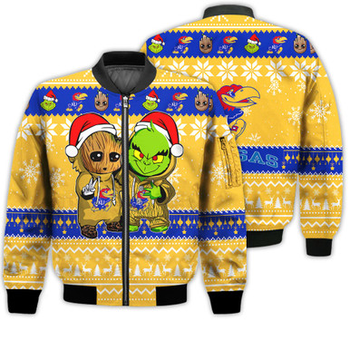 Kansas Jayhawks Baby Groot And Grinch Best Friends Football American Ugly Christmas Sweater Gifts Unisex 3D Bomber Jacket