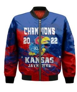 Kansas Jayhawks Champions 2022 Bomber Jacket - Rock Chalk Jayhawks Grunge Style - NCAA