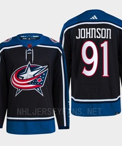 Kent Johnson 91 Reverse Retro 2.0 2022 Columbus Blue Jackets Navy Jersey Primegreen