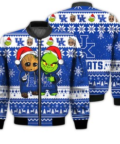 Kentucky Wildcats Baby Groot And Grinch Best Friends Football American Ugly Christmas Sweater Gifts Unisex 3D Bomber Jacket