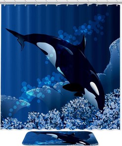 Killer Whale Ocean Blue Shower Curtain with Microfiber Accents - Sea Themed Bathroom Decor