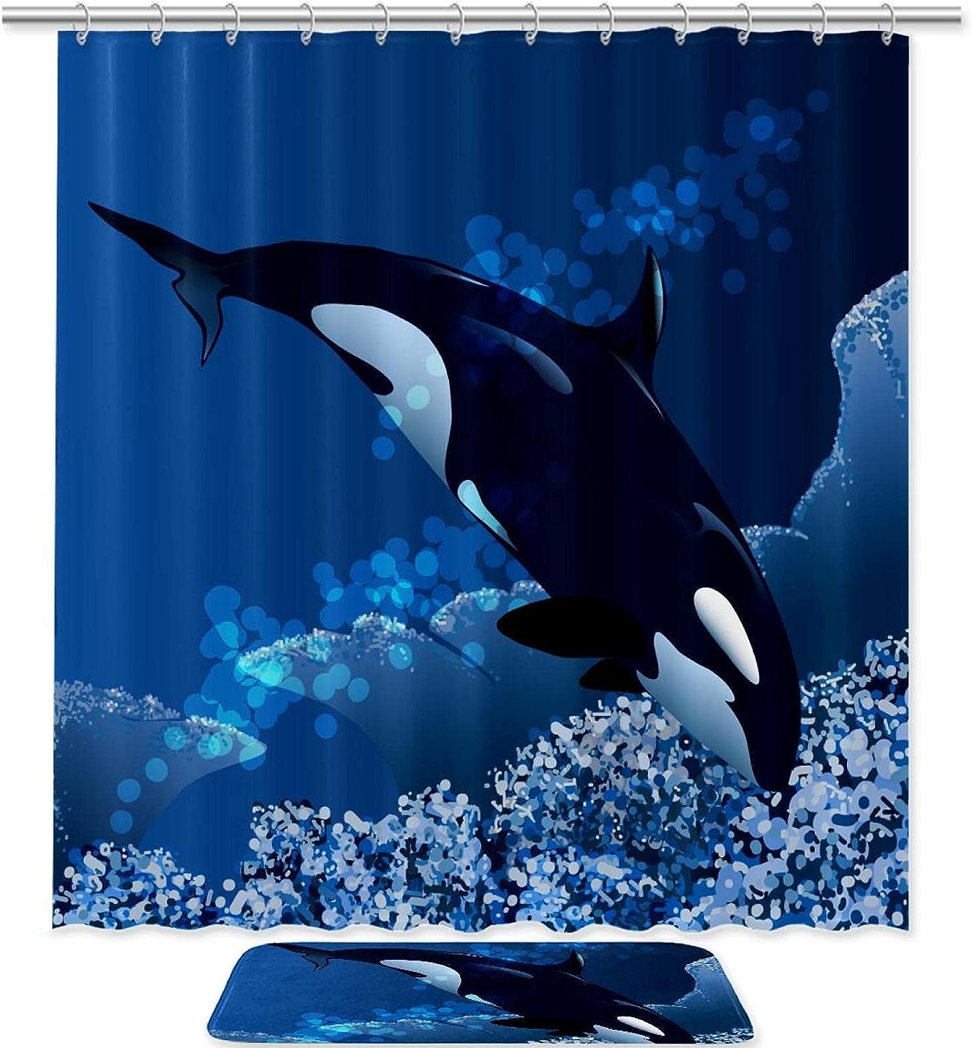 Killer Whale Ocean Blue Shower Curtain with Microfiber Accents - Sea Themed Bathroom Decor