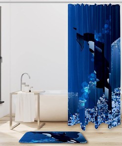 Killer Whale Ocean Blue Shower Curtain with Microfiber Accents - Sea Themed Bathroom Decor