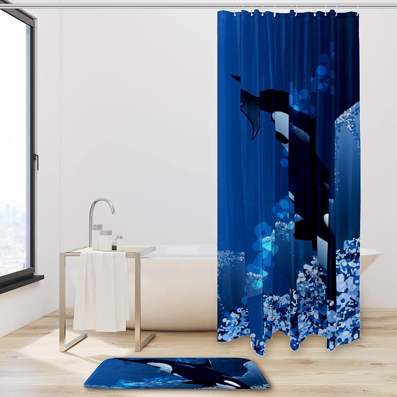 Killer Whale Ocean Blue Shower Curtain with Microfiber Accents - Sea Themed Bathroom Decor