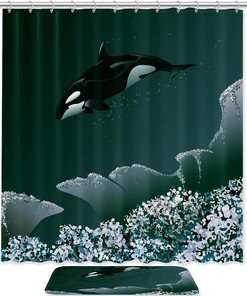 Killer Whale and Coral Shower Curtain with Microfiber Accents - Sea Themed Bathroom Decor