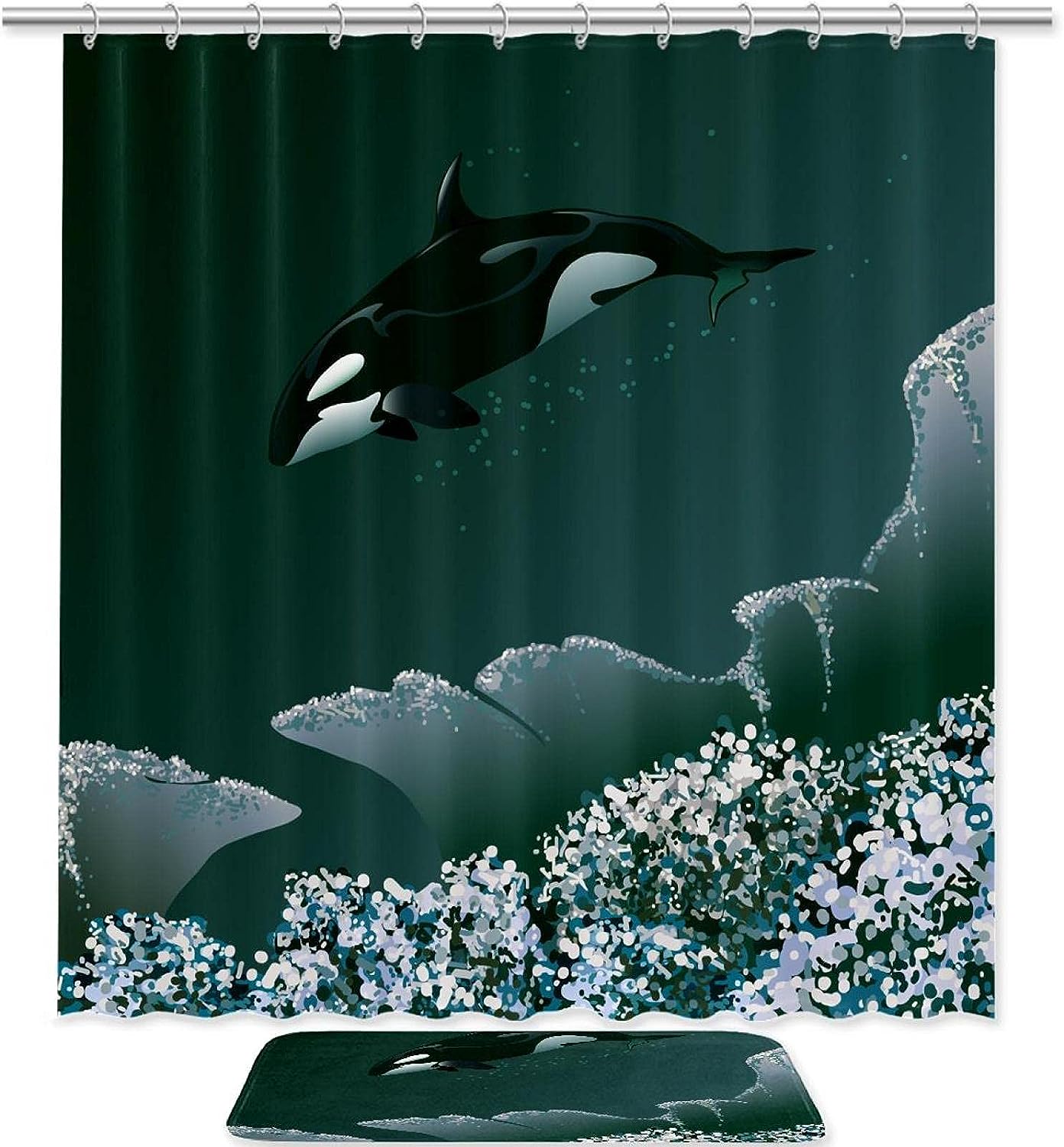 Killer Whale and Coral Shower Curtain with Microfiber Accents - Sea Themed Bathroom Decor