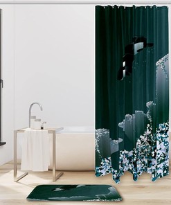 Killer Whale and Coral Shower Curtain with Microfiber Accents - Sea Themed Bathroom Decor