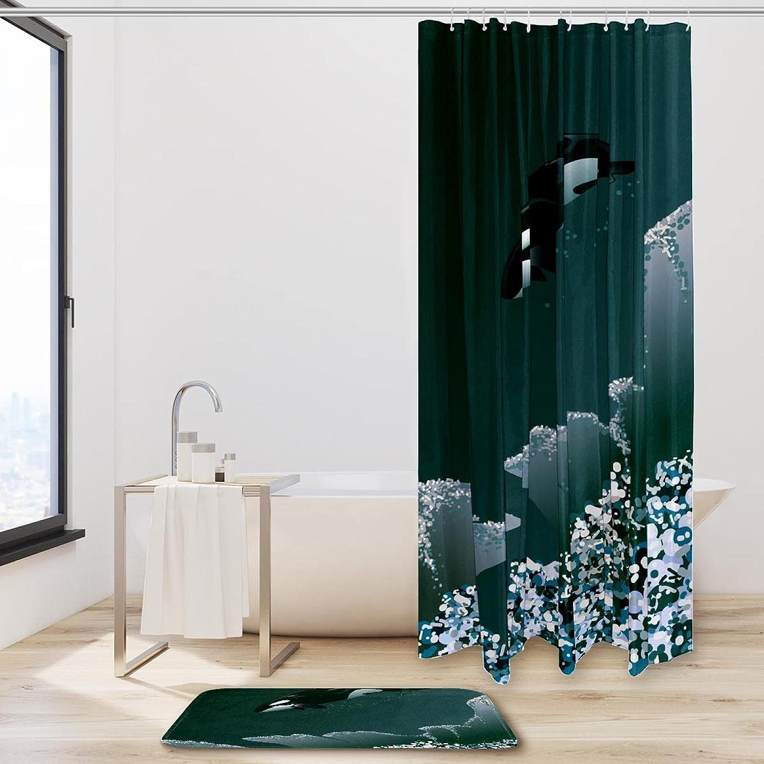 Killer Whale and Coral Shower Curtain with Microfiber Accents - Sea Themed Bathroom Decor