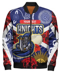 Knights Rugby Anzac Aboriginal Bomber Jacket - Newcastle Knights with Anzac Day Poppy Flower Bomber Jacket