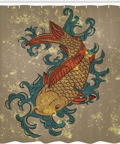 Koi Fish Grunge Shower Curtain, Oriental Aquatic Distressed Theme Print for Bathroom Decor, Taupe and Teal Cloth Fabric