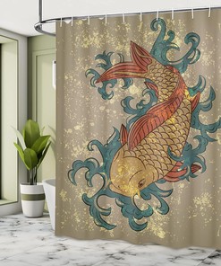 Koi Fish Grunge Shower Curtain, Oriental Aquatic Distressed Theme Print for Bathroom Decor, Taupe and Teal Cloth Fabric