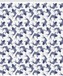Koi Fish Scale Pattern Shower Curtain, Sketch Drawing Eastern Marine Life, Bathroom Decor Navy/White