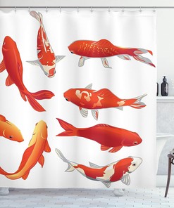 Koi Fish Shower Curtain, Chinese Fortune and Power Tranquility Image, Bathroom Decor Orange/White