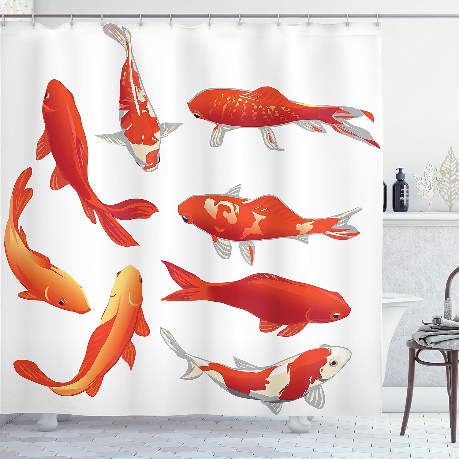 Koi Fish Shower Curtain, Chinese Fortune and Power Tranquility Image, Bathroom Decor Orange/White