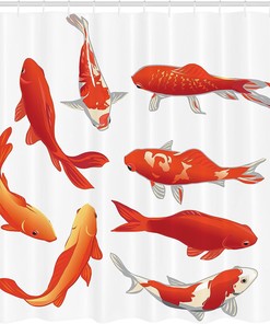 Koi Fish Shower Curtain, Chinese Fortune and Power Tranquility Image, Bathroom Decor Orange/White