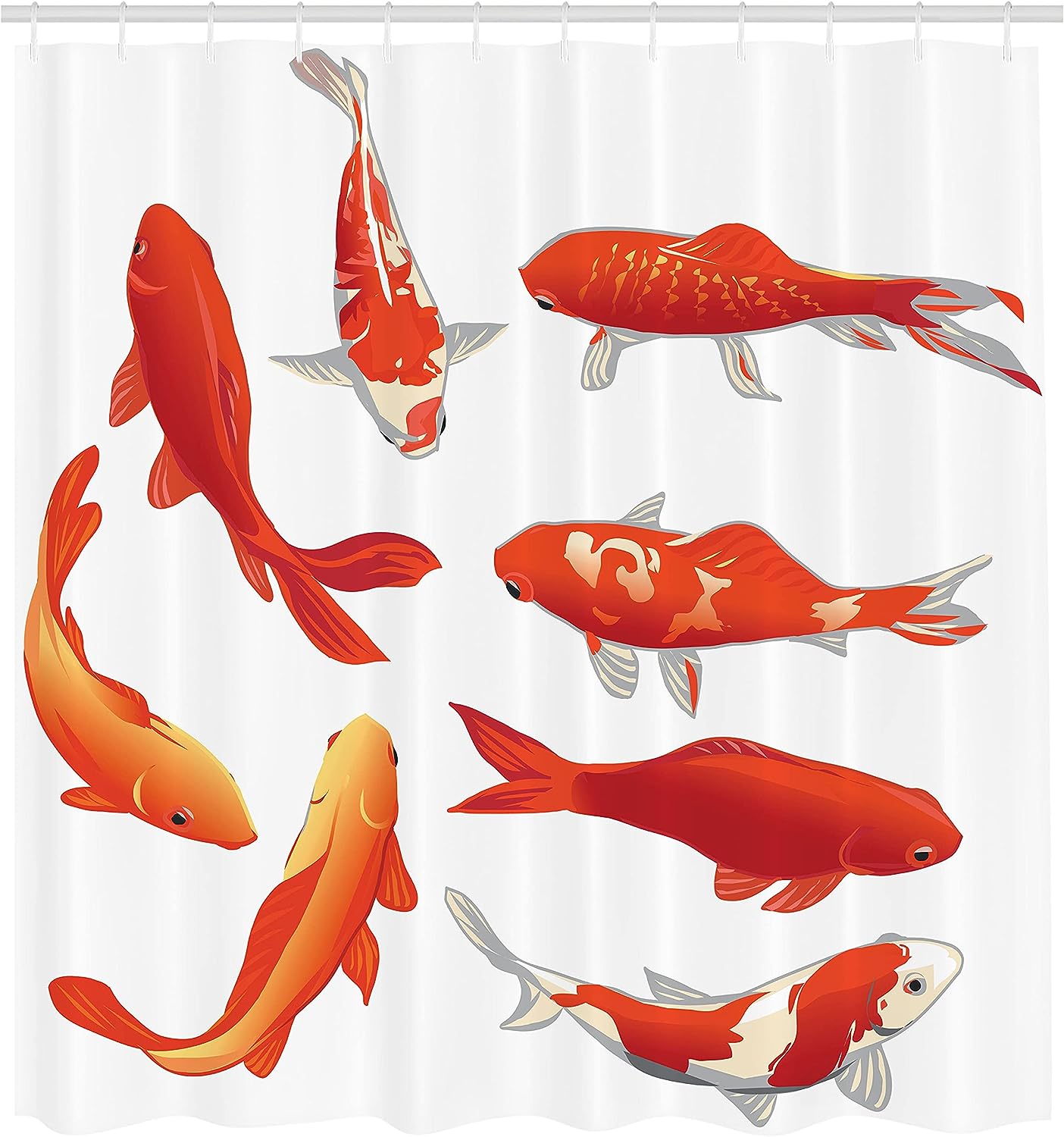 Koi Fish Shower Curtain, Chinese Fortune and Power Tranquility Image, Bathroom Decor Orange/White