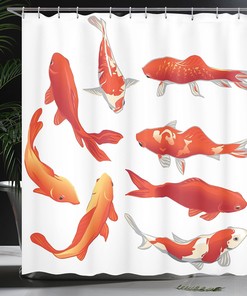 Koi Fish Shower Curtain, Chinese Fortune and Power Tranquility Image, Bathroom Decor Orange/White