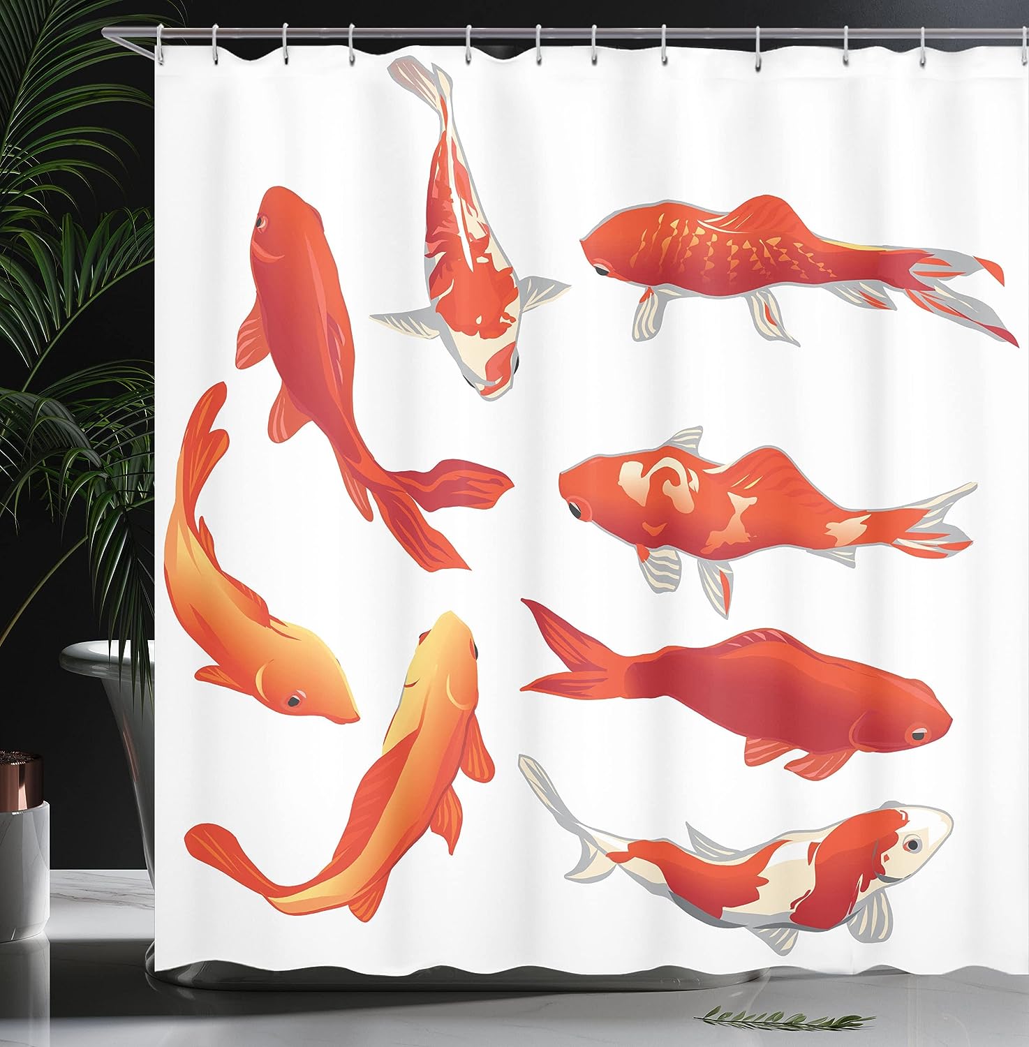 Koi Fish Shower Curtain, Chinese Fortune and Power Tranquility Image, Bathroom Decor Orange/White