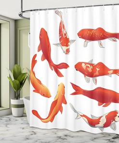 Koi Fish Shower Curtain, Chinese Fortune and Power Tranquility Image, Bathroom Decor Orange/White