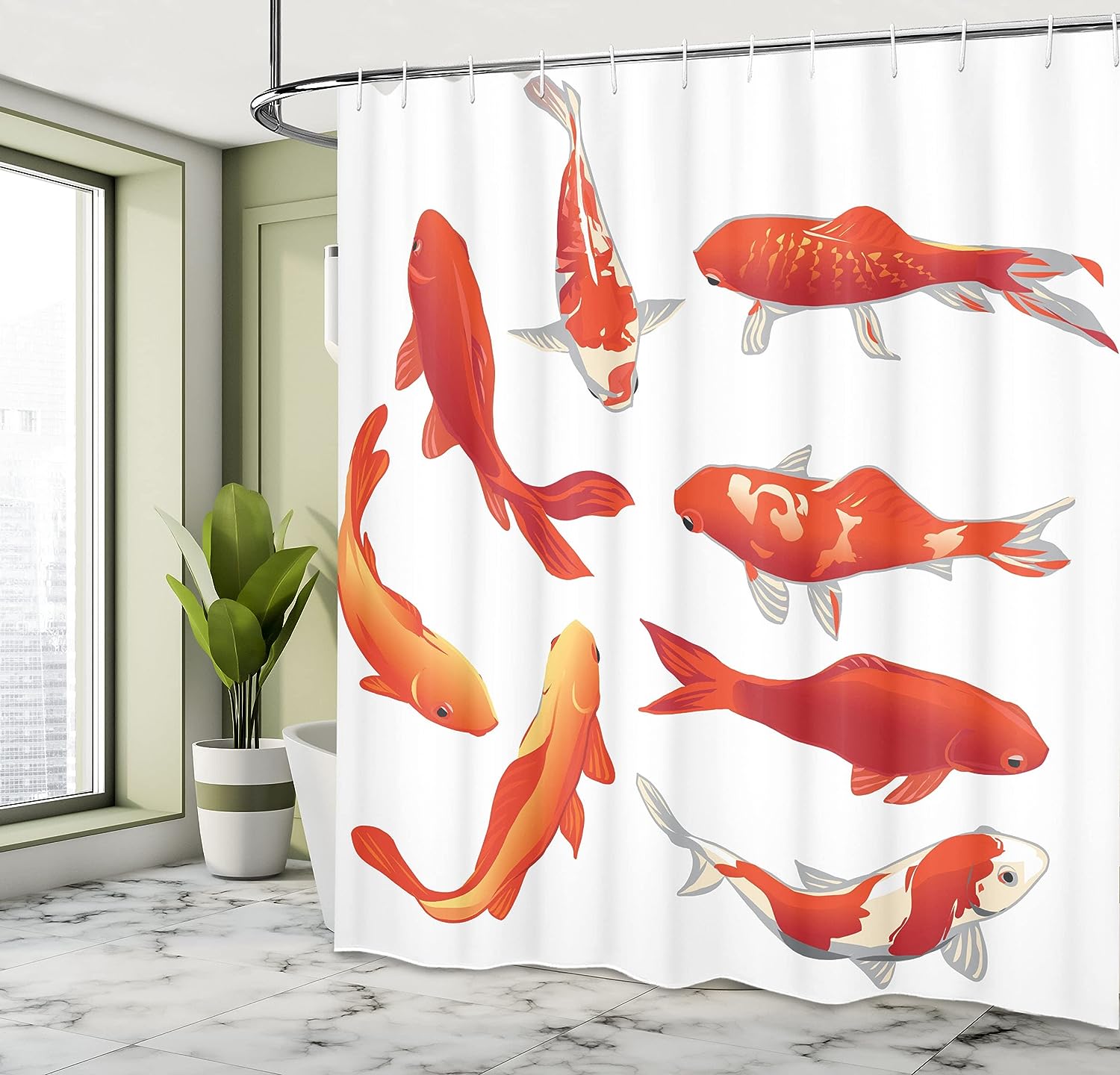 Koi Fish Shower Curtain, Chinese Fortune and Power Tranquility Image, Bathroom Decor Orange/White