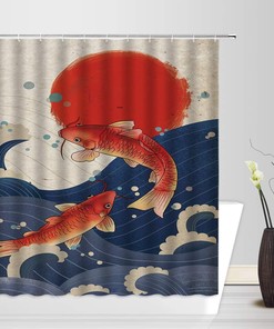 Koi Fish Shower Curtain with Great Waves and Orange Carp for a Japanese-themed Bathroom Decor