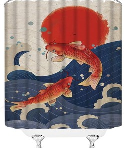 Koi Fish Shower Curtain with Great Waves and Orange Carp for a Japanese-themed Bathroom Decor