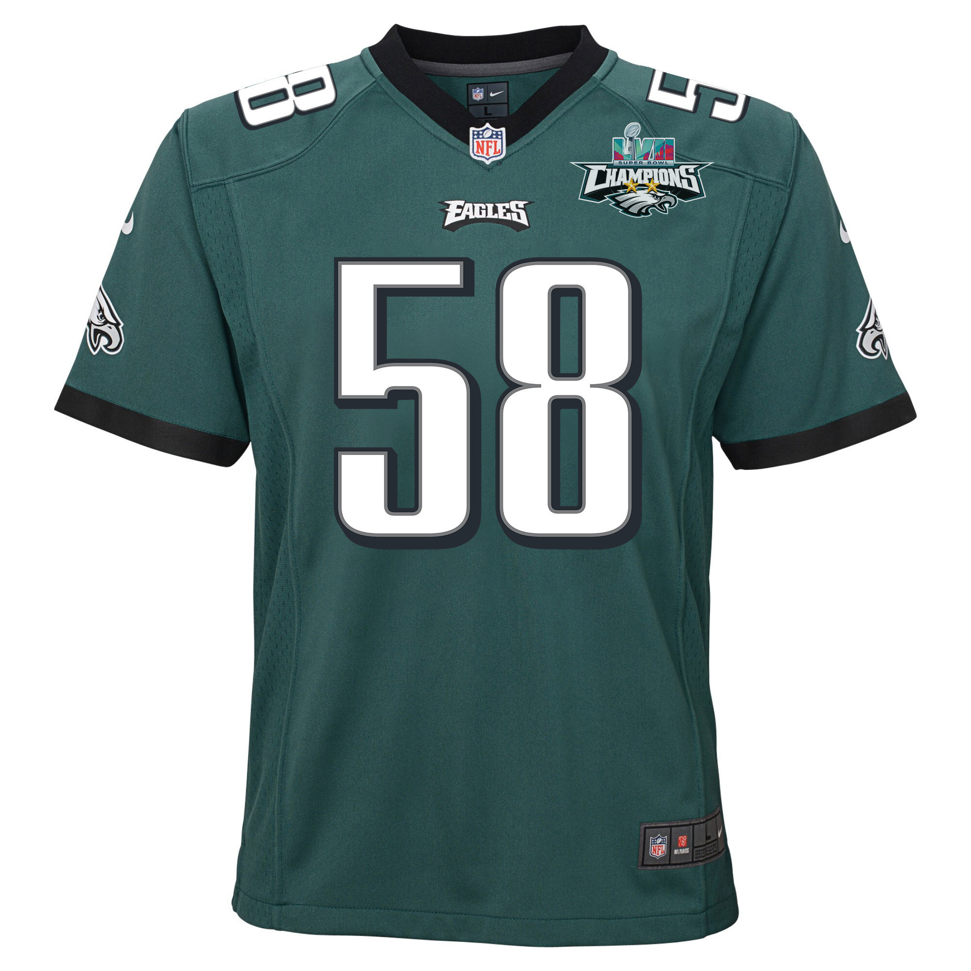 Kyron Johnson 58 Philadelphia Eagles Super Bowl LVII Champions 2 Stars 2 Stars Youth Game Jersey - Black