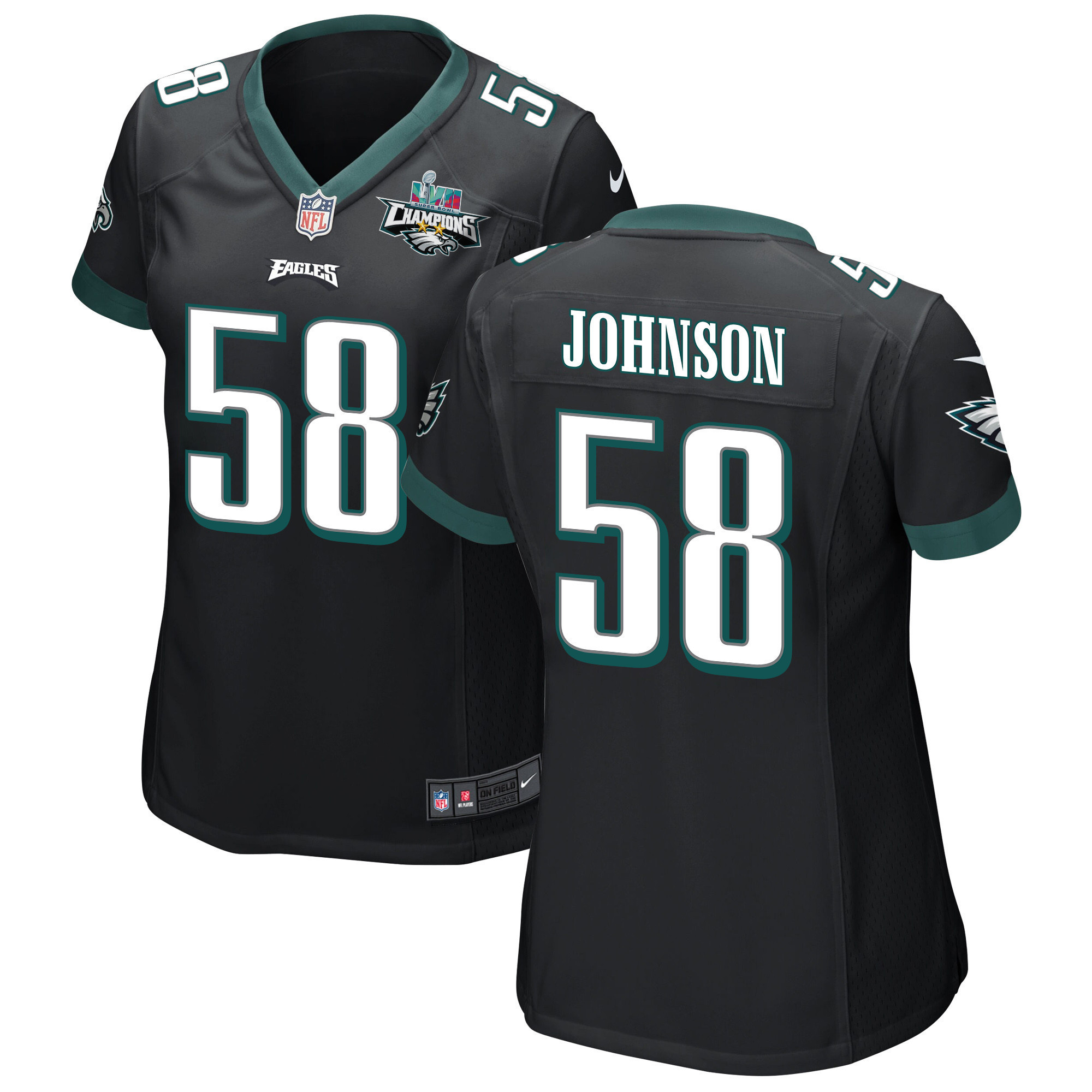 Kyron Johnson 58 Philadelphia Eagles Super Bowl LVII Champions 2 Stars Women Game Jersey - Black