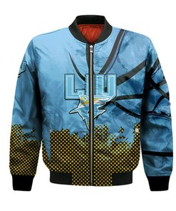 LIU Sharks Bomber Jacket Basketball Net Grunge Pattern- NCAA
