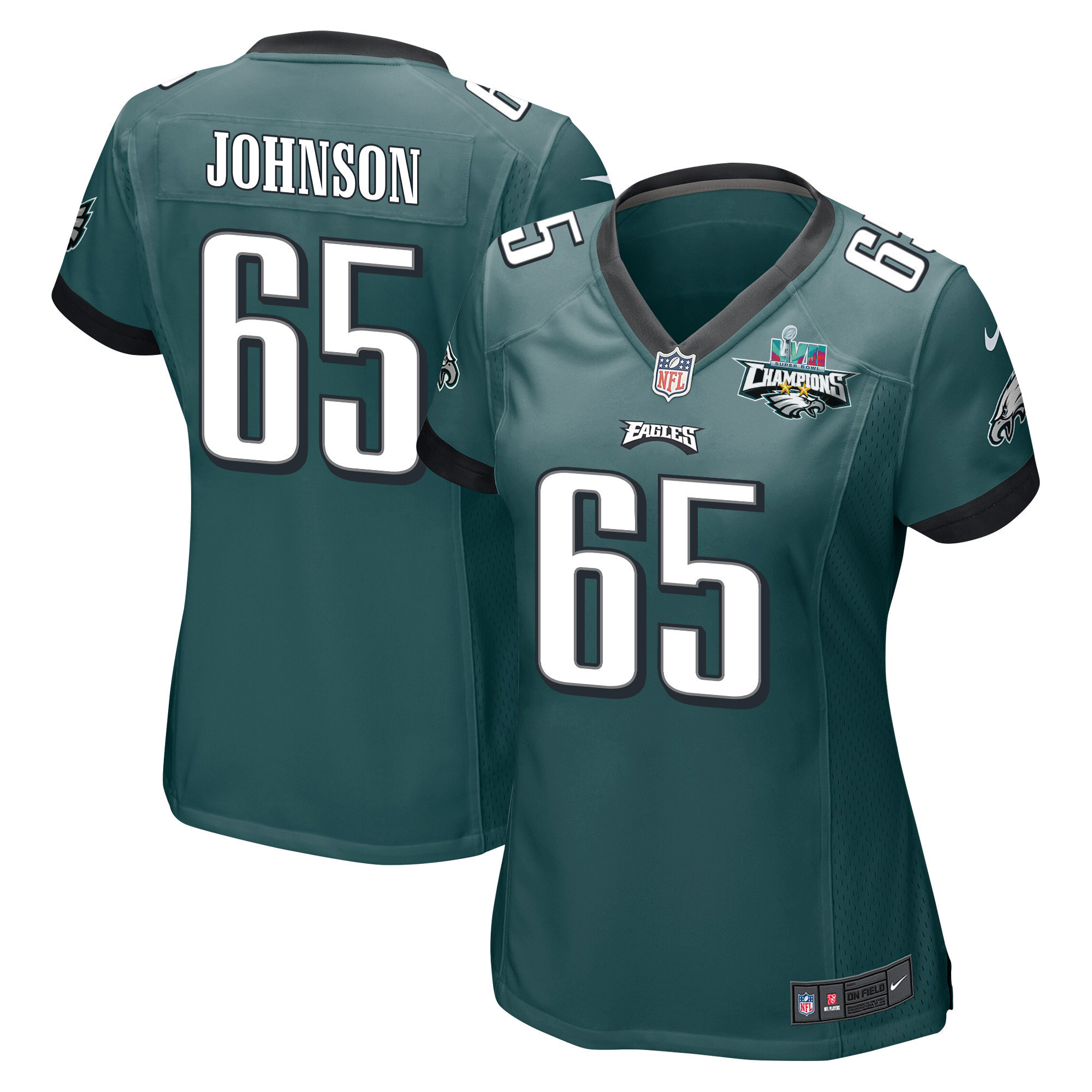 Lane Johnson 65 Philadelphia Eagles Super Bowl LVII Champions 2 Stars Women Game Jersey - Midnight Green