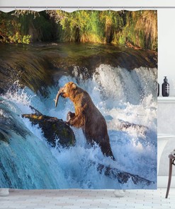 Large Bear Alaska Waterfall - Blue & Brown Shower Curtain, Wildlife Bathroom Decor