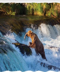 Large Bear Alaska Waterfall - Blue & Brown Shower Curtain, Wildlife Bathroom Decor