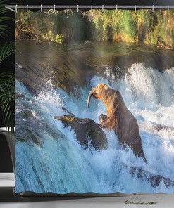 Large Bear Alaska Waterfall - Blue & Brown Shower Curtain, Wildlife Bathroom Decor