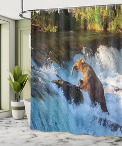 Large Bear Alaska Waterfall - Blue & Brown Shower Curtain, Wildlife Bathroom Decor