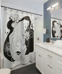 Large Coi Fish Shower Curtain - Unique and Artistic Bathroom Decor with Black and White Print