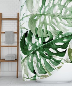 Large Monstera Botanical Boho Shower Curtain, Green Leaves, Watercolor Nature Farmhouse Bathroom Decor
