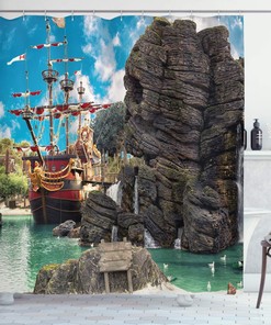 Large Ship on Pirate Island Shower Curtain with Rock Formation Bathroom Decor