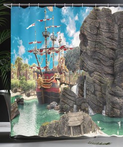 Large Ship on Pirate Island Shower Curtain with Rock Formation Bathroom Decor