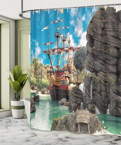 Large Ship on Pirate Island Shower Curtain with Rock Formation Bathroom Decor