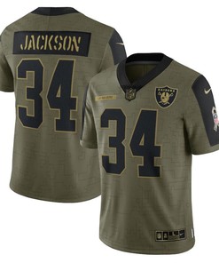 Las Vegas Raiders Bo Jackson 34 Nfl Olive 2021 Salute To Service Retired Player Men Jersey For Raiders Fans