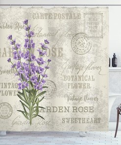 Lavender Flowers Shower Curtain, Vintage Grunge Display Cloth Fabric Bathroom Decor, Home Decor Green/Lilac